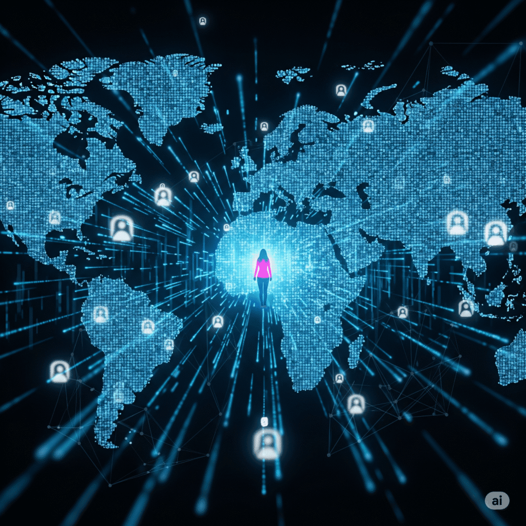 Eine Person, deren digitaler Fußabdruck in Form von leuchtenden Datenpunkten und subtilen Tracking-Symbolen über eine Weltkarte oder ein globales Netzwerk verteilt ist, symbolisiert die Illusion von Online-Anonymität und die Verbreitung digitaler Spuren.