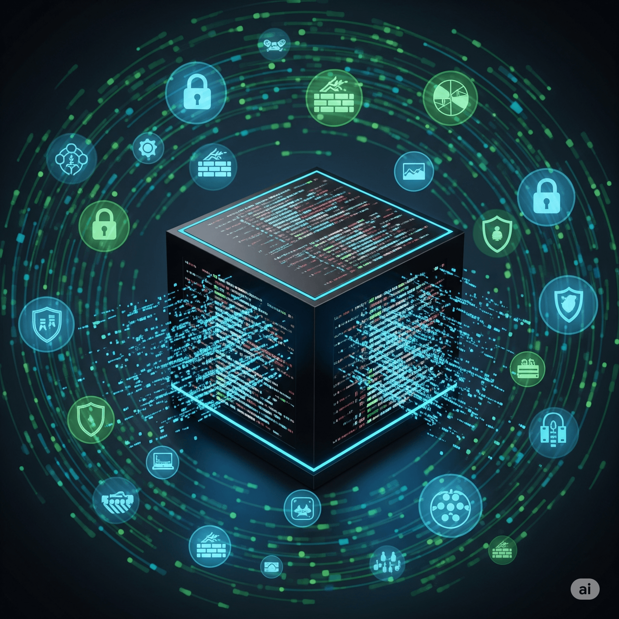 Ein schwarzer, leuchtender Würfel, der eine digitale Blackbox voller Code darstellt, umgeben von einem Kreis aus verschiedenen Cybersicherheitssymbolen wie Schlössern, Firewalls und Schilden, die Online-Sicherheit und den Schutz digitaler Daten visualisieren.