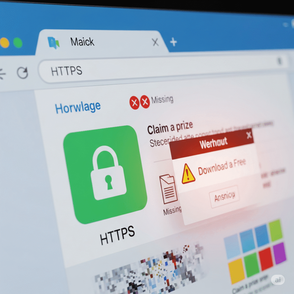 Ein Webbrowser-Fenster, das ein https-Schloss-Symbol für Sicherheit anzeigt, aber gleichzeitig subtile Warnzeichen wie defekte Links oder verdächtige Pop-ups aufweist, um auf die Notwendigkeit der Vorsicht beim Besuch von Webseiten hinzuweisen.