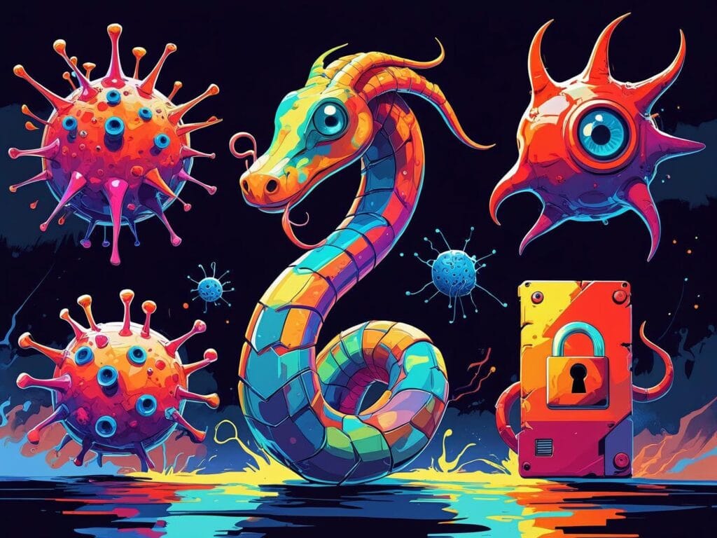 Bunte, stilisierte Darstellungen von Malware-Typen wie Viren (stachelige Kugeln), Würmer (schlangeähnlich) und Ransomware (Vorhängeschloss auf Box), symbolisieren digitale Schädlinge und Cyberangriffe