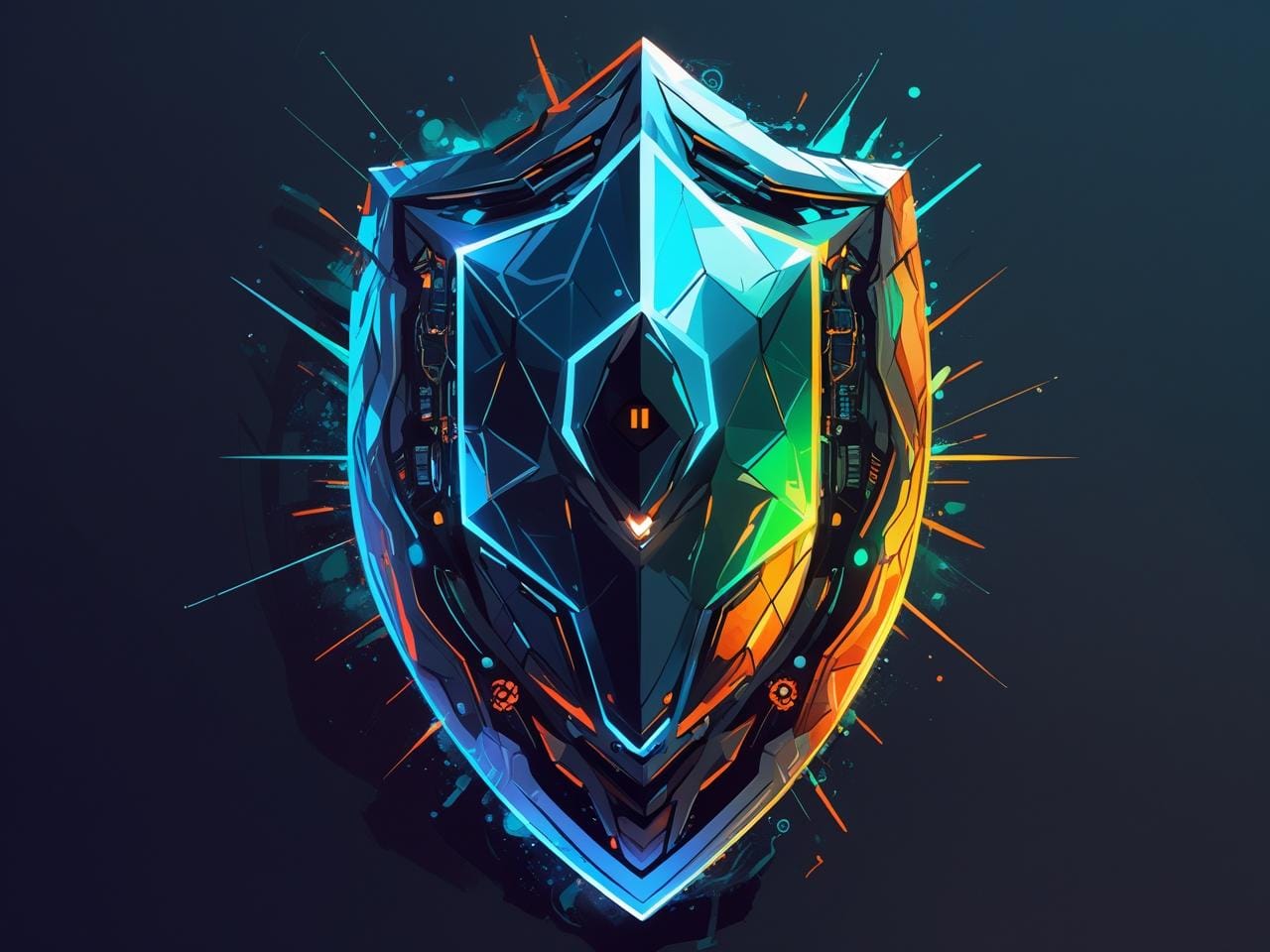 Futuristischer digitaler Schutzschild mit leuchtenden blau-grünen und orangen Akzenten auf dunklem Hintergrund, symbolisiert Cybersicherheit und Abwehr von Cyberangriffen