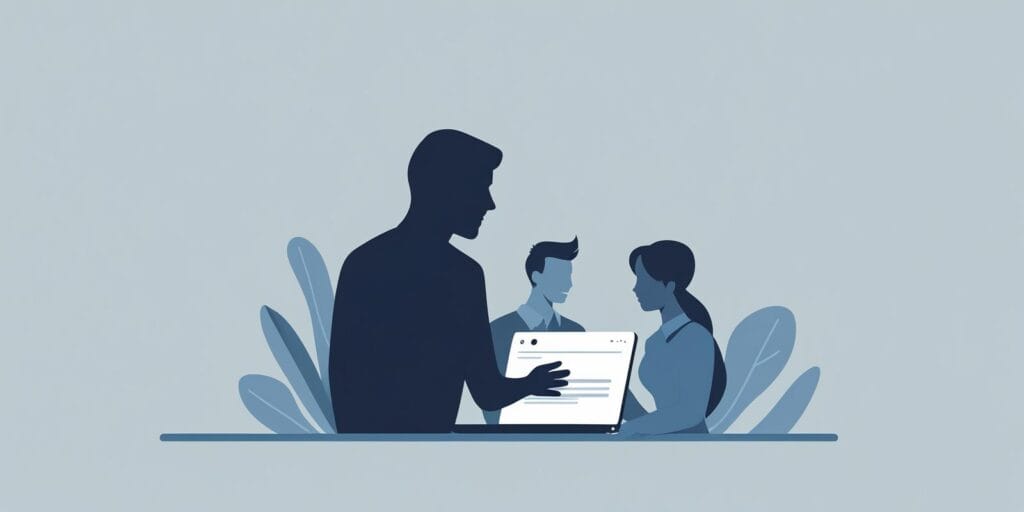 Eine schemenhafte Person beobachtet über einen Laptop heimlich zwei sich unterhaltende Personen, symbolisiert einen Man-in-the-Middle-Cyberangriff