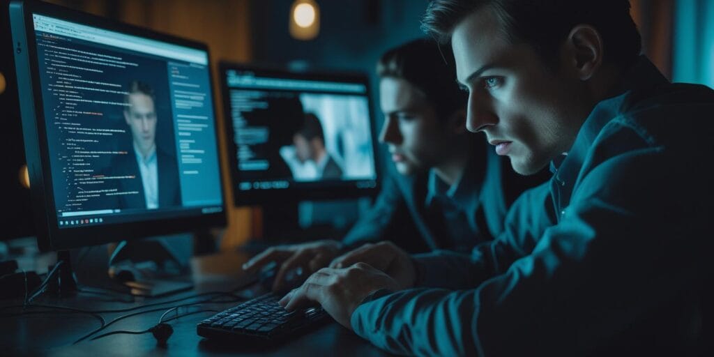 Zwei Personen arbeiten konzentriert an Computern im Dunkeln, Bildschirme zeigen Code und Porträts, symbolisiert komplexe digitale Arbeit oder Hacking.