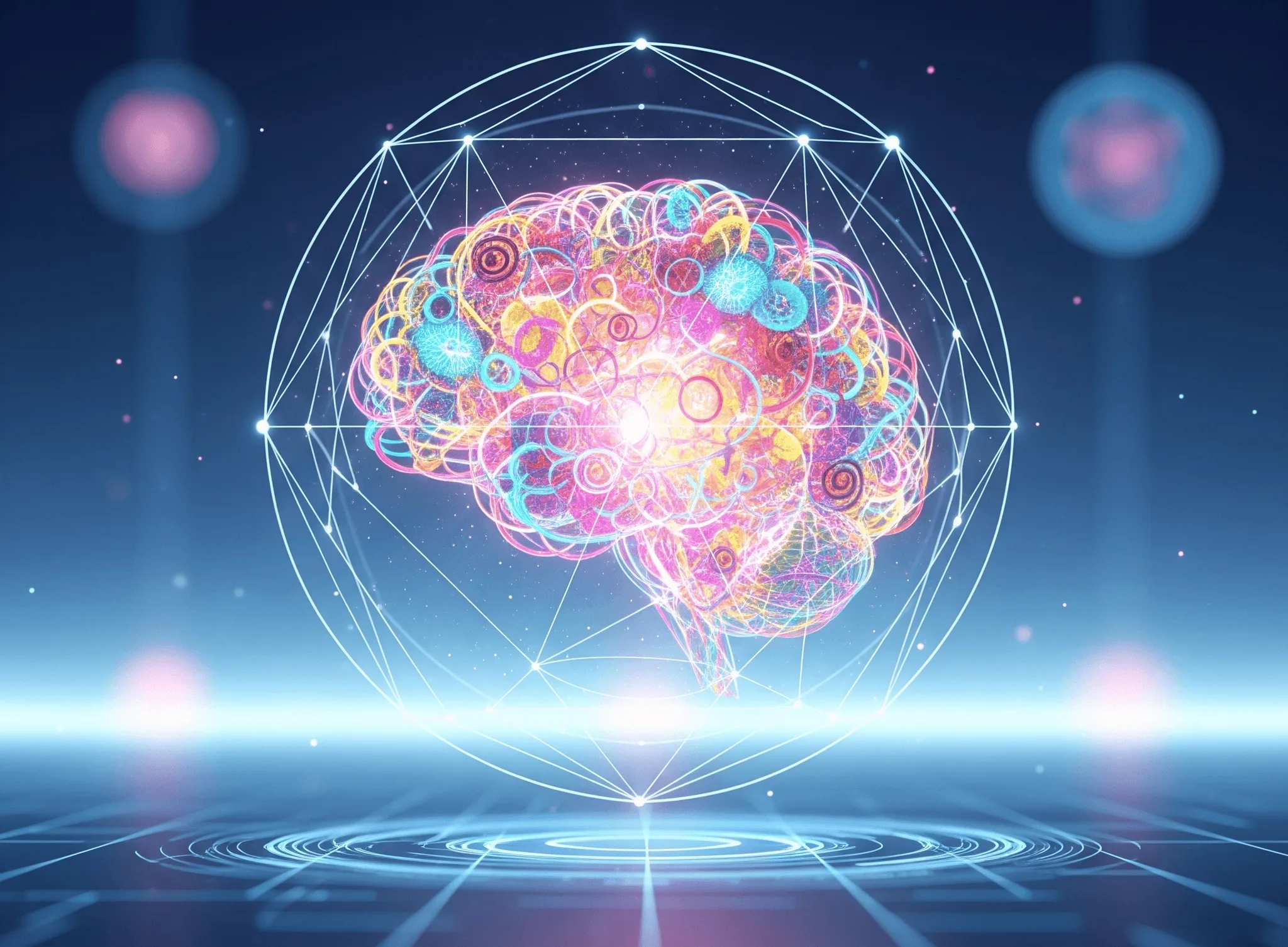 Leuchtender, abstrakter Gehirn-Kern mit bunten, wirbelnden Mustern, umgeben von einem transparenten, digitalen Schutzschild. Symbolisiert neurodiverse Intelligenz und robuste IT-Sicherheit.