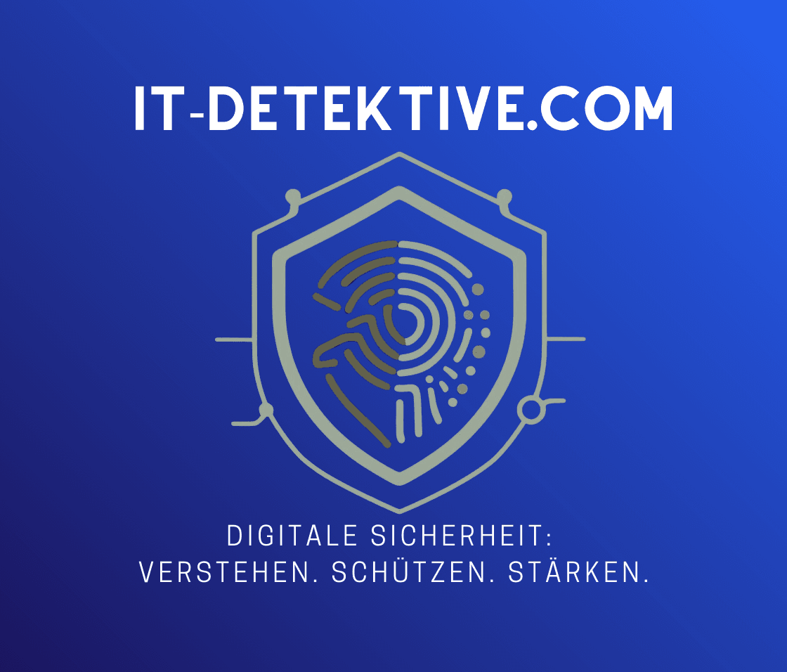 Logo von IT-DETEKTIVE.COM: Ein Wappenschild in Blautönen, das ein stilisiertes Fingerabdruck-Symbol zeigt, das zur Hälfte aus einem Binärcode-Muster besteht, umgeben von Schaltungselementen. Unter dem Schild steht der Slogan 'DIGITALE SICHERHEIT: VERSTEHEN. SCHÜTZEN. STÄRKEN.'. Das Design symbolisiert umfassende IT-Sicherheit und digitales Verstehen, mit einem besonderen Fokus auf Zugänglichkeit und Stärkung für neurodiverse Menschen.