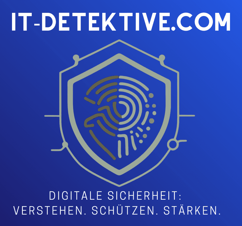 Logo von IT-DETEKTIVE.COM: Ein Wappenschild in Blautönen, das ein stilisiertes Fingerabdruck-Symbol zeigt, das zur Hälfte aus einem Binärcode-Muster besteht, umgeben von Schaltungselementen. Unter dem Schild steht der Slogan 'DIGITALE SICHERHEIT: VERSTEHEN. SCHÜTZEN. STÄRKEN.'. Das Design symbolisiert umfassende IT-Sicherheit und digitales Verstehen, mit einem besonderen Fokus auf Zugänglichkeit und Stärkung für neurodiverse Menschen.