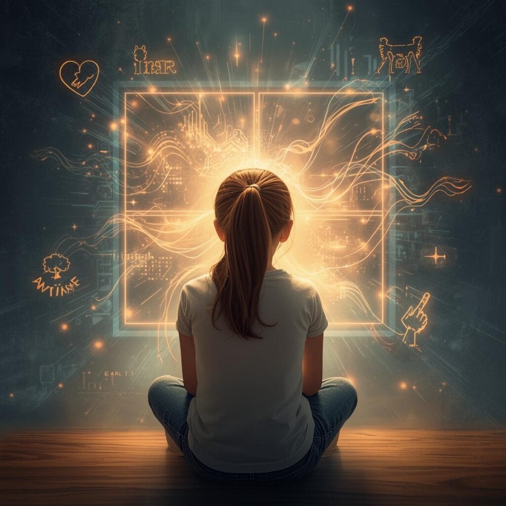 Ein Bild zu Cybermobbing & ADHS zeigt ein junges Mädchen, das in einer digitalen Welt entschlossen den symbolischen Wellen von Cybermobbing standhält. Sie ist umgeben von leuchtenden Zeichen der inneren Stärke.