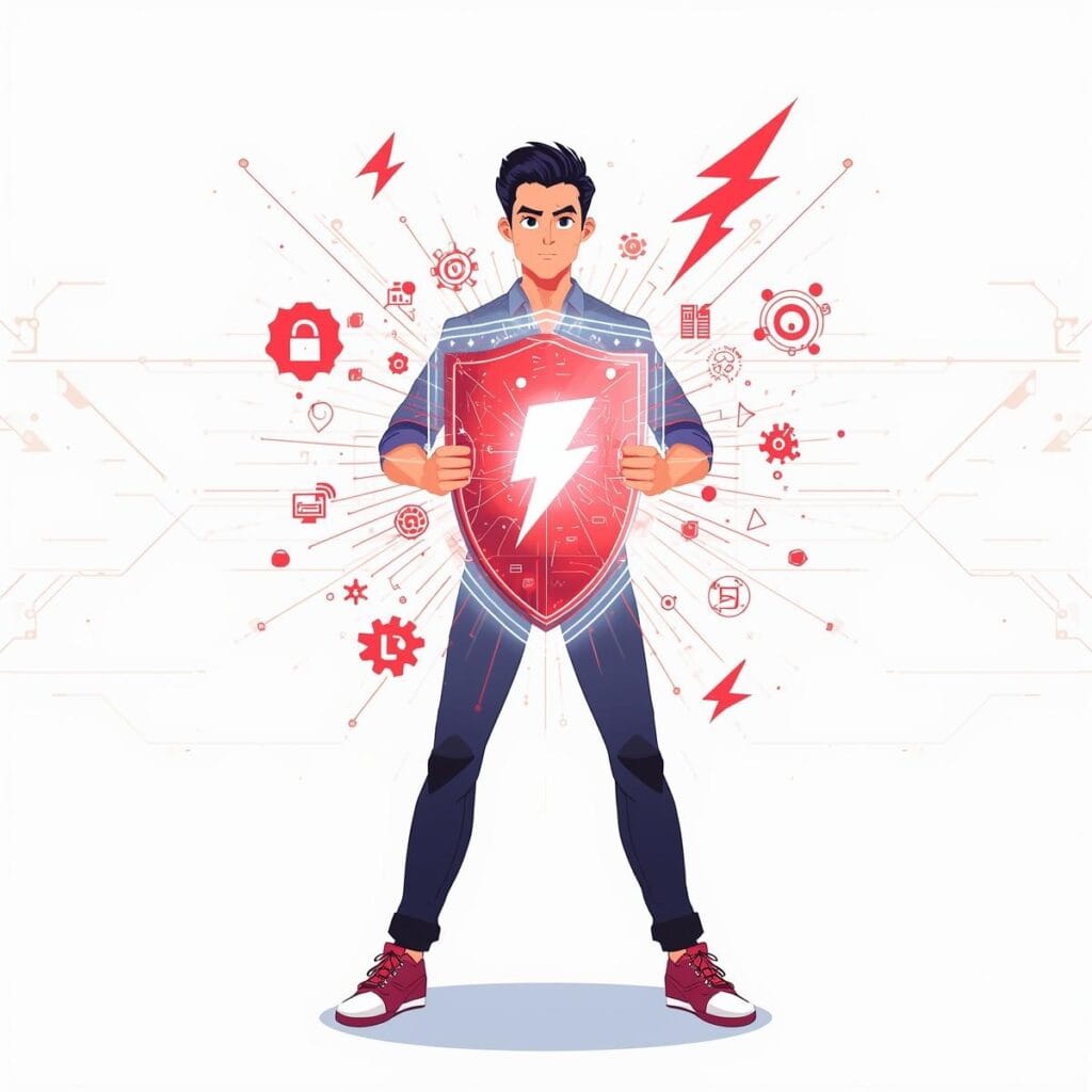 Eine Person hält einen leuchtenden, digitalen Schutzschild, der symbolische Cybermobbing-Angriffe abwehrt. Das Bild steht für Selbstermächtigung und digitale Sicherheit im Umgang mit ADHS.