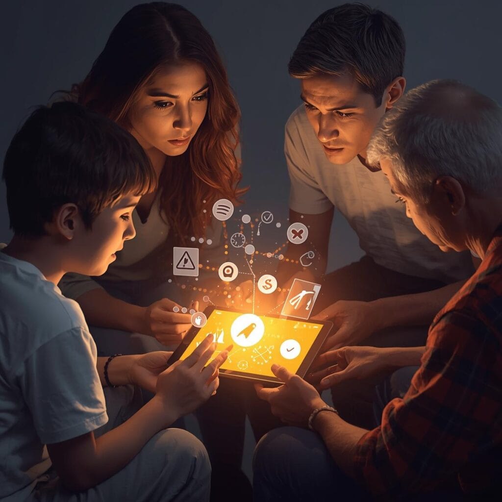 Eine altersgemischte Gruppe (Kind, Teenager, Erwachsene) sitzt um ein leuchtendes Tablet, das Symbole von Cybermobbing und ADHS-Stärken anzeigt. Das Bild visualisiert ein unterstützendes Gespräch über Neurodiversität und digitale Herausforderungen.