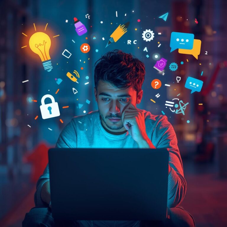 Ein nachdenklicher Mensch sitzt vor einem Laptop. Icons, die ADHS-Symptome und Cybermobbing-Herausforderungen darstellen, schweben um sie herum, während Symbole für Sicherheit und Stärken hervorstechen.