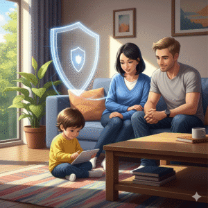 Eine Familie sitzt im Wohnzimmer: Ein Kind spielt konzentriert auf einem Tablet, während die Eltern lächelnd zusehen. Über ihnen schwebt ein leuchtendes digitales Schildsymbol, das Online-Schutz und Sicherheit in der digitalen Welt darstellt.