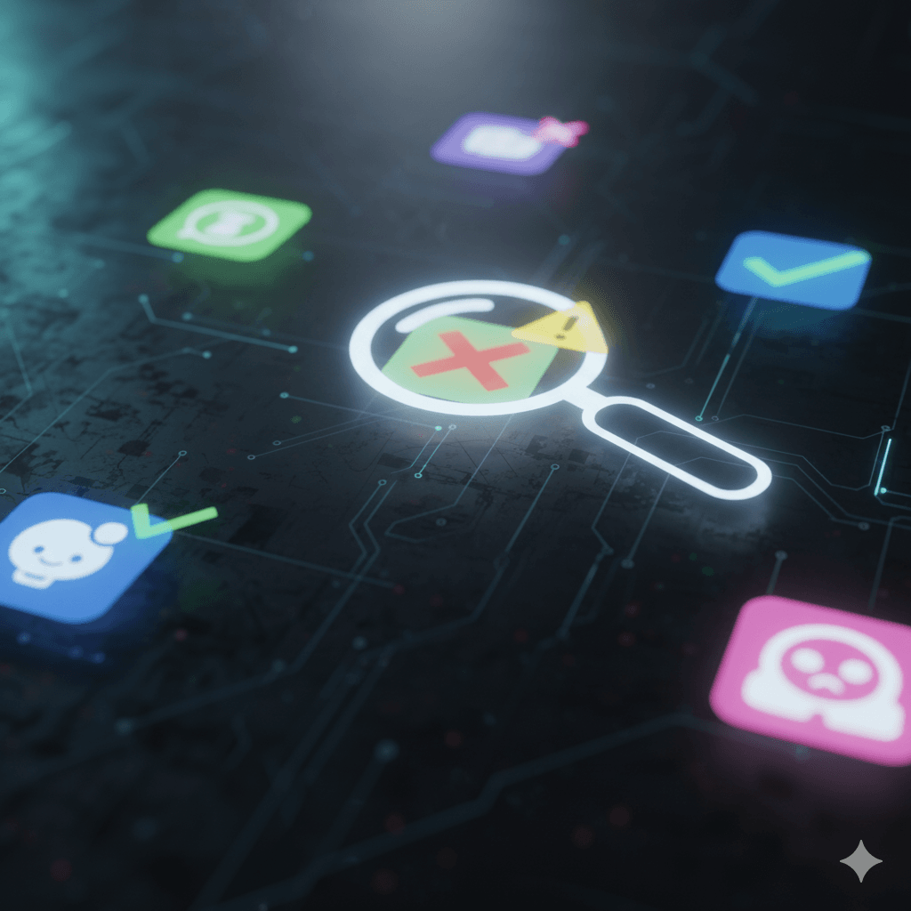 Lupe prüft verschiedene App-Icons auf einem Bildschirm, symbolisiert App-Sicherheit