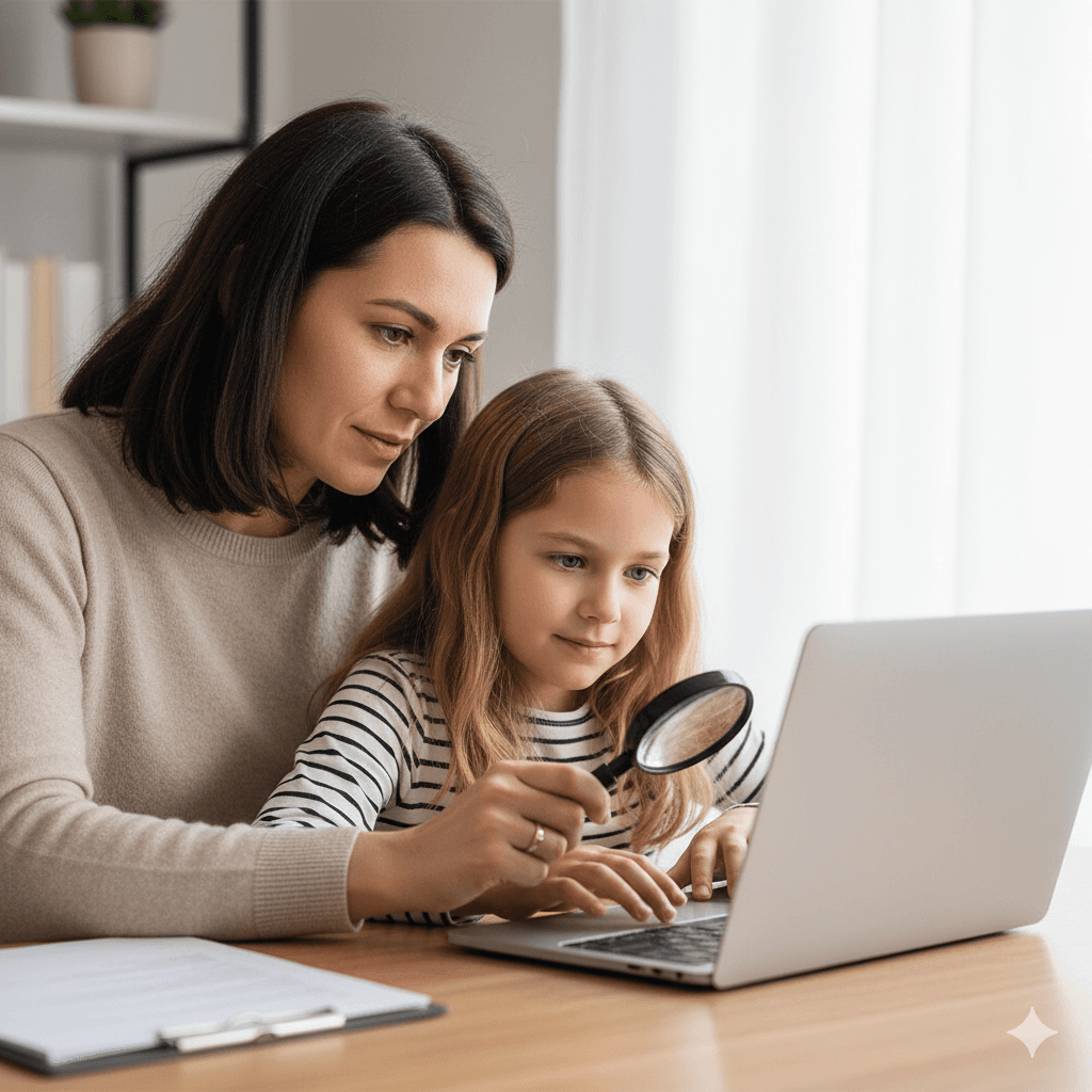 Mutter und Kind mit Detektivhut prüfen gemeinsam Passwörter und Sicherheitseinstellungen am Laptop.