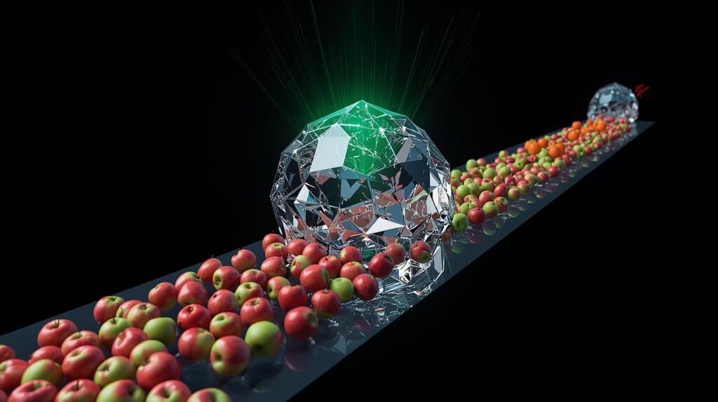 KI als unsichtbarer Helfer im Lernprozess: Raytracing-Darstellung, wie eine KI-Struktur lernt, Äpfel aus Datenströmen zu erkennen und zu klassifizieren.