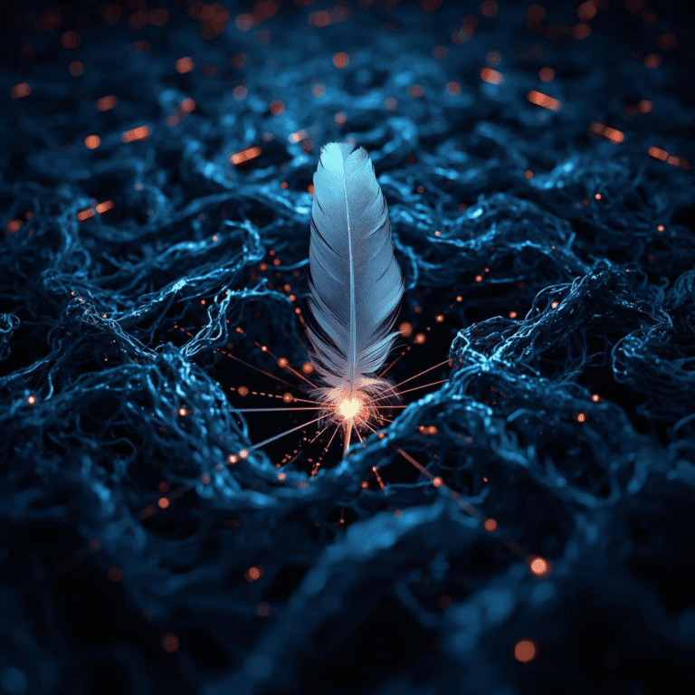 Eine schwebende Feder strukturiert ein chaotisches Labyrinth mit präzisen, leuchtenden, geometrischen Vektoren. Symbolisiert unsichtbare, ordnende KI.