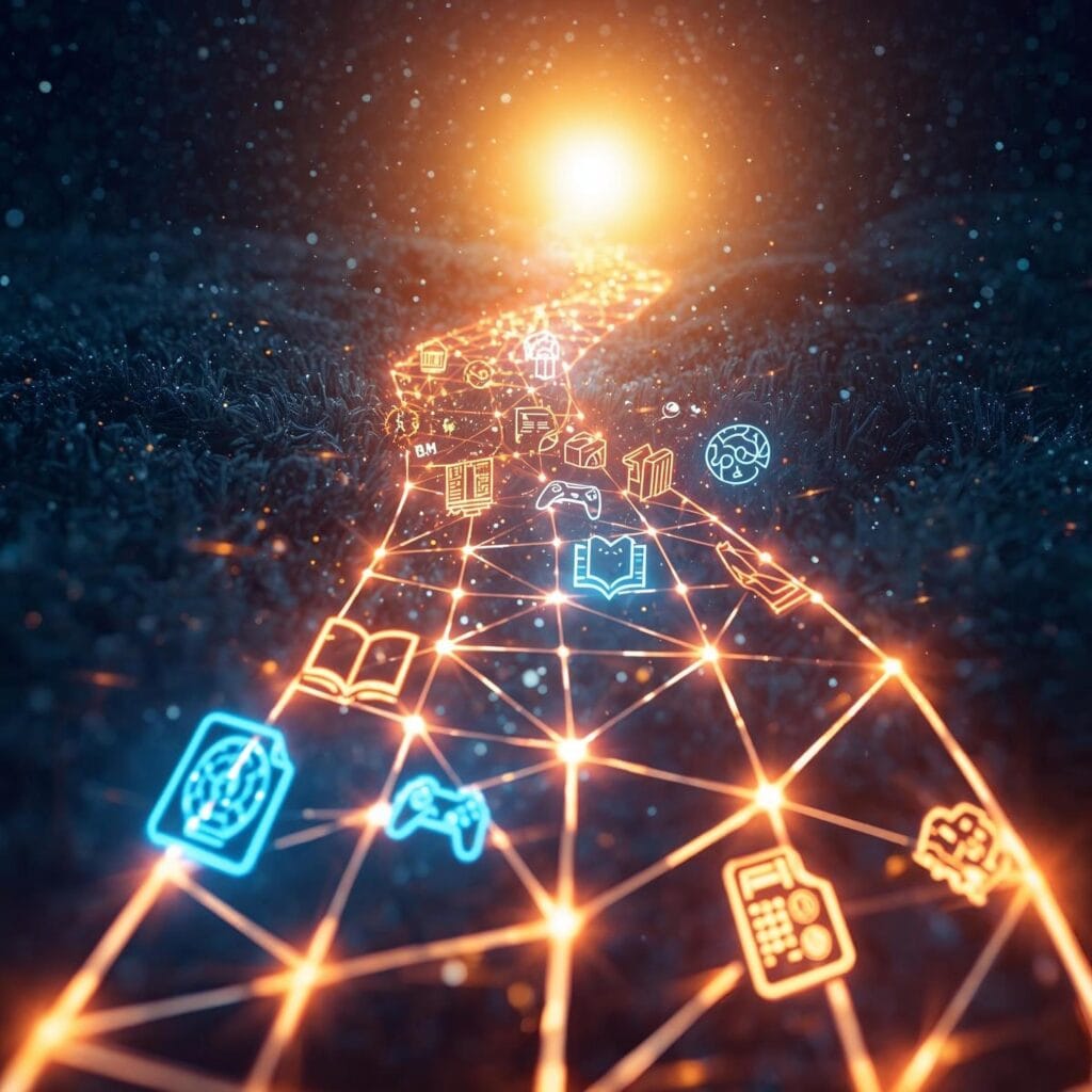 Illuminierter Lernpfad mit unterschiedlichen Lernsymbolen (Quiz, Mindmap) für die strukturierte Vermittlung von IT-Sicherheit.