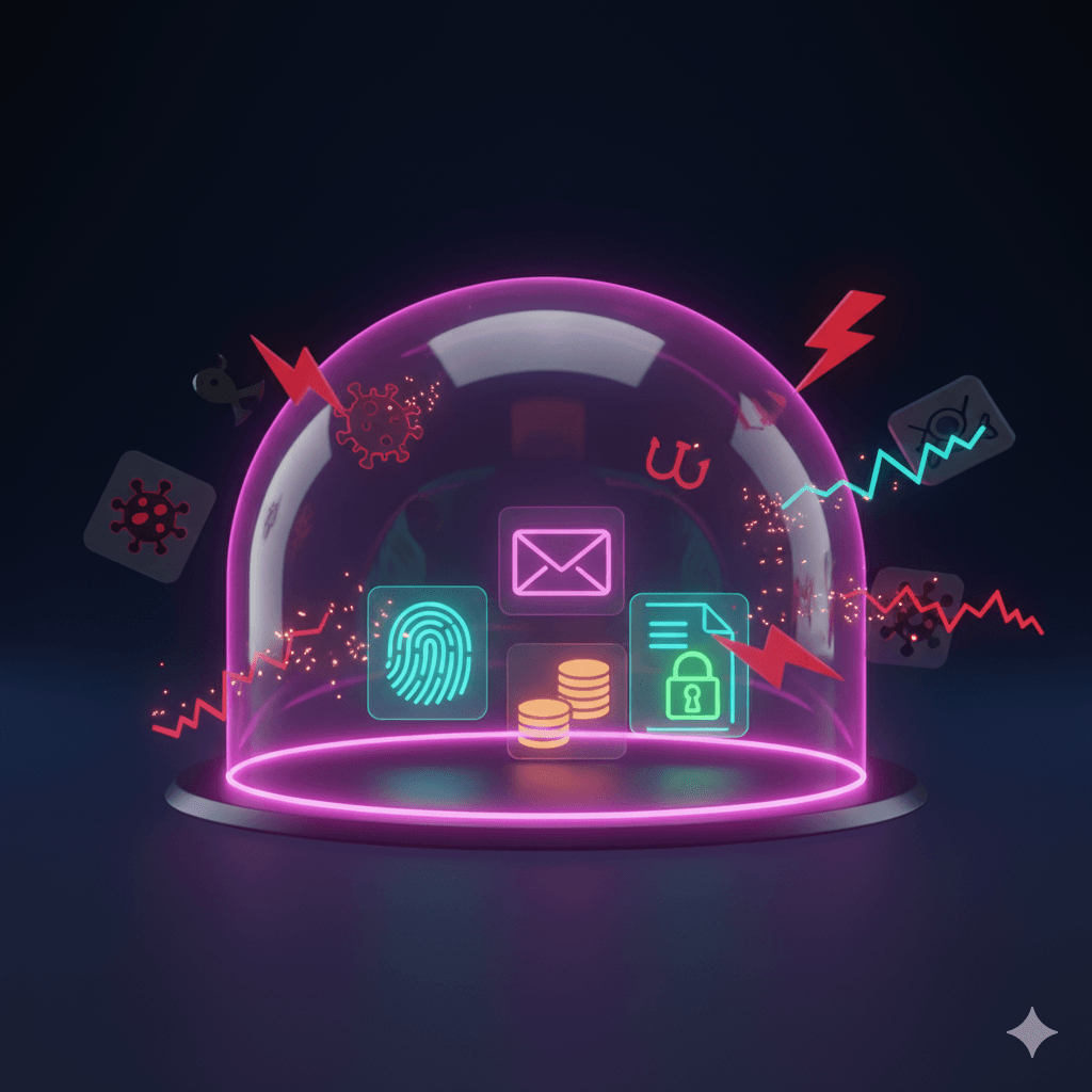 Digitale Hygiene und Sicherheit: Ein 3D-Schutzschild in Violett und Pink wehrt aktiv Cyber-Bedrohungen ab und sch&uuml;tzt sensible Daten-Icons innerhalb seiner sicheren H&uuml;lle.