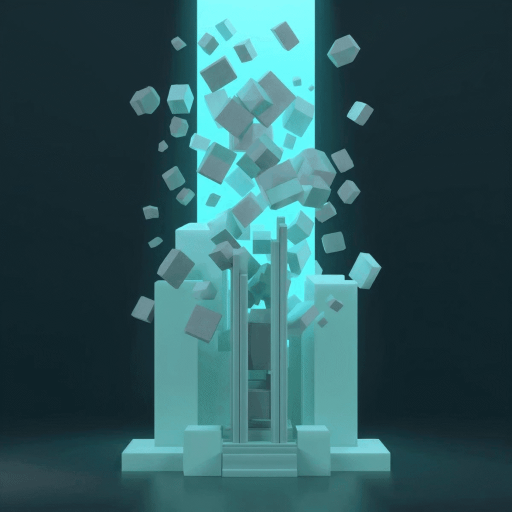 Von chaotischen Gedanken zu klarer Struktur: Ein 3D-Lichtstrahl ordnet ungeordnete Formen in eine geometrische Struktur und schafft Fokus