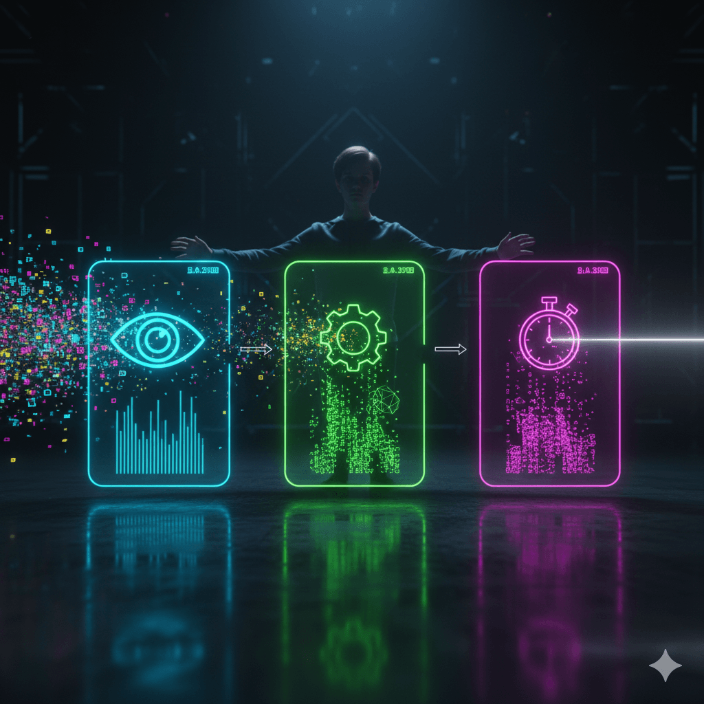 Drei hintereinander gestaffelte bunte glaspanele die pruefen