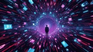 Ein-Mensch-im-Zentrum-eines-Wirbelsturms-aus-leuchtenden-bunten-Pop-up-Fenstern. Datenschutz