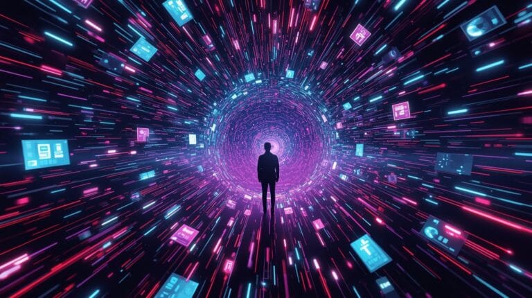 Ein-Mensch-im-Zentrum-eines-Wirbelsturms-aus-leuchtenden-bunten-Pop-up-Fenstern. Datenschutz