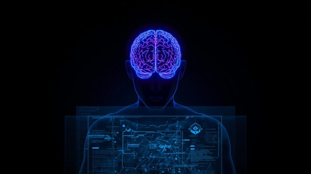 eine futuristische Person mit leuchtenen Gehirn