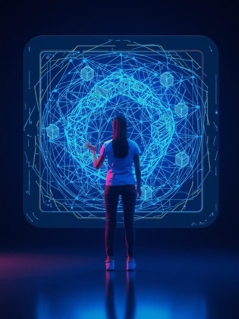 vor einem grossen schwebenden Hologramm Interface. zeigt ein komplexes aber strukturiertes Netzwerk