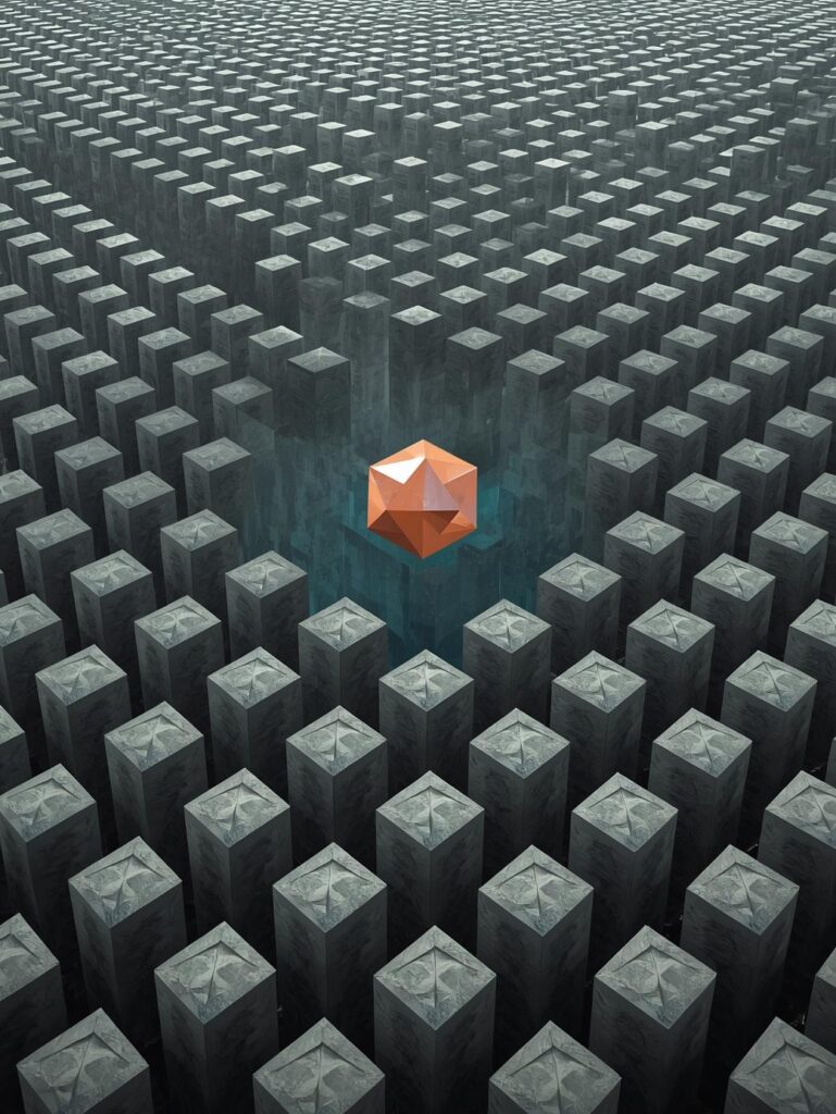 Minimalistische geometrische Formen mit einem einzelnen hervorstechenden Element, das die analytische Mustererkennung und digitale M&uuml;ndigkeit visualisiert