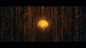 Digitale M&uuml;ndigkeit Eine abstrakte Darstellung einer digitalen Mauer aus leuchtenden Datenstr&ouml;men. In der Mitte dieser Mauer sieht man einen goldenen, organischen Knotenpunkt, der wie ein menschliches neuronales Netz oder ein Gehirn leuchtet. Es symbolisiert, dass die menschliche Intelligenz das wichtigste Puzzleteil in der technischen Verteidigung ist.