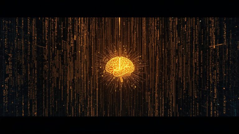 Digitale M&uuml;ndigkeit Eine abstrakte Darstellung einer digitalen Mauer aus leuchtenden Datenstr&ouml;men. In der Mitte dieser Mauer sieht man einen goldenen, organischen Knotenpunkt, der wie ein menschliches neuronales Netz oder ein Gehirn leuchtet. Es symbolisiert, dass die menschliche Intelligenz das wichtigste Puzzleteil in der technischen Verteidigung ist.