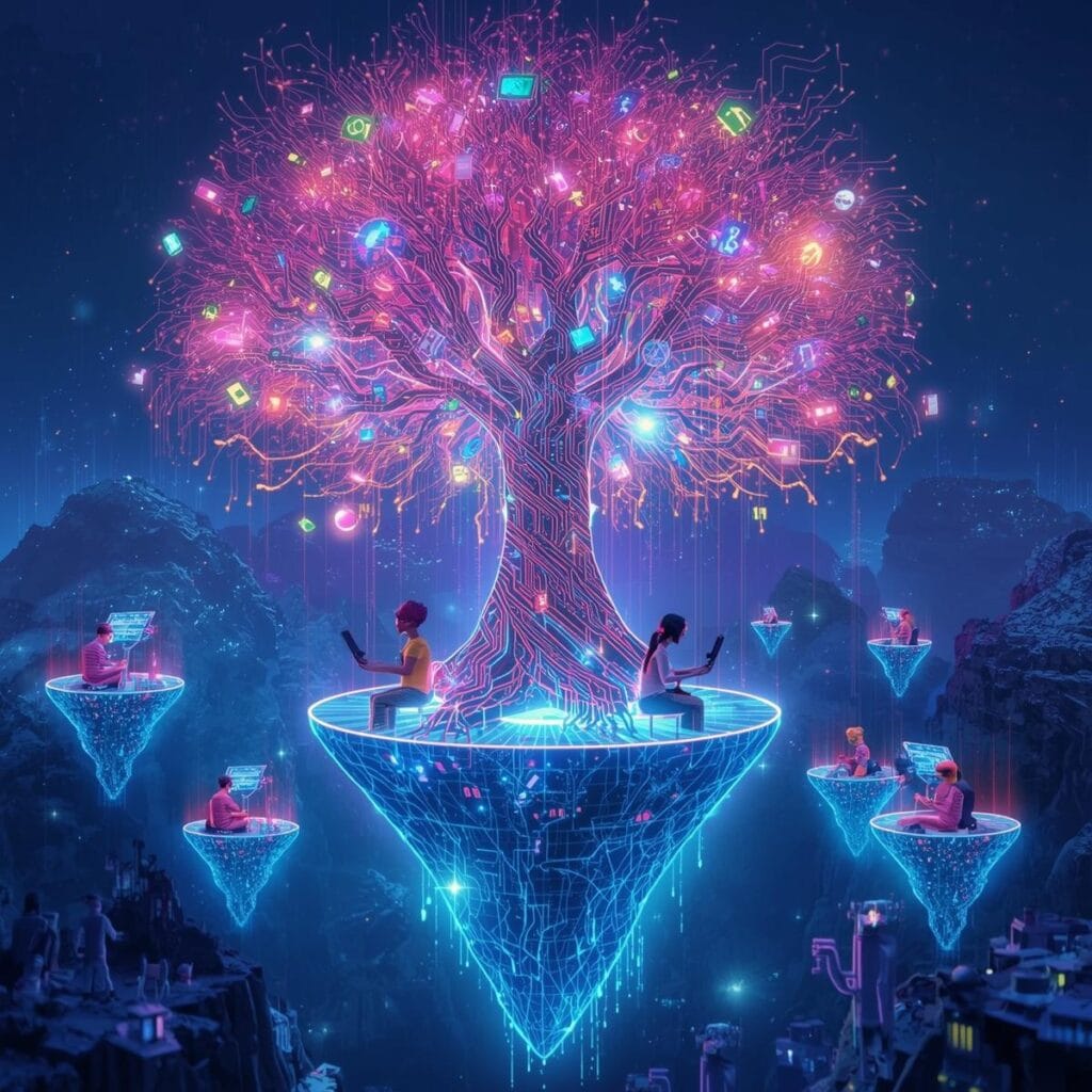 Surreale digitale Kunst von Jugendlichen auf schwebenden Inseln, die durch einen leuchtenden Schaltkreis-Baum vernetzt sind und Selbstwirksamkeit im Gaming durch Teamarbeit und Wissensaustausch erleben.