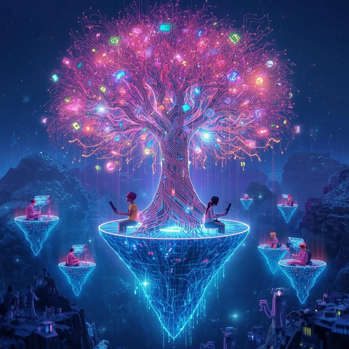 Surreale digitale Kunst von Jugendlichen auf schwebenden Inseln, die durch einen leuchtenden Schaltkreis-Baum vernetzt sind und Selbstwirksamkeit im Gaming durch Teamarbeit und Wissensaustausch erleben.