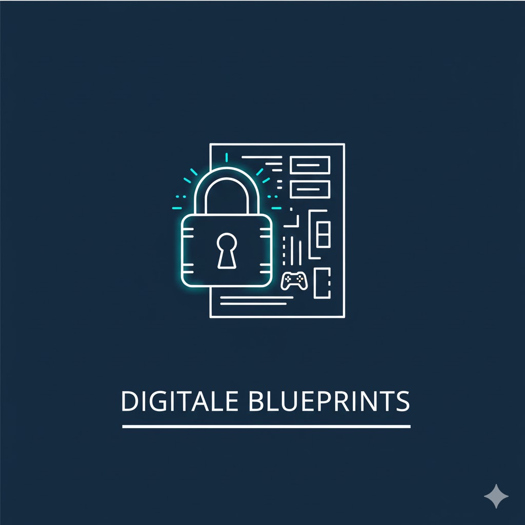 Eine leuchtende, blau-t&uuml;rkise 3D-Visualisierung eines digitalen Bauplans (Blueprint) mit schematischen Linien, die ein sicheres Vorh&auml;ngeschloss und vernetzte Datenknoten darstellen &ndash; Symbol f&uuml;r strukturierte IT-Sicherheitsl&ouml;sungen.