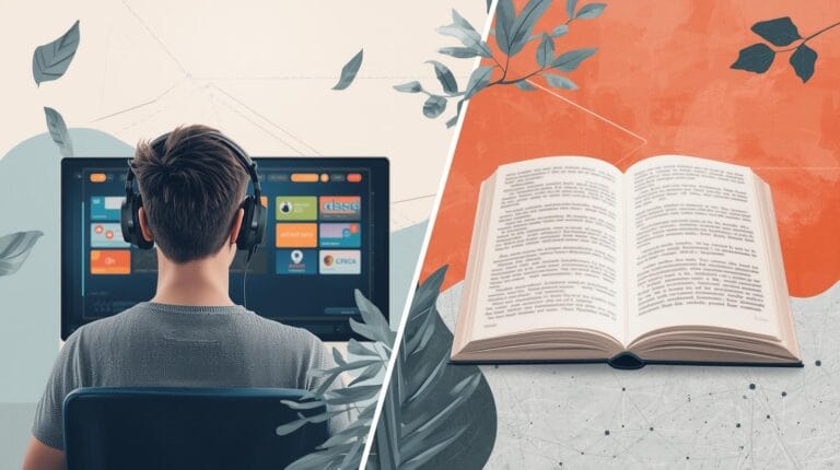 ein-Gamer-jugendlich-konzentriert-mit-Headset-auf der rechten seite ein bild von einem buch was den gesunden ausgleich zur analogen welt darstellen soll