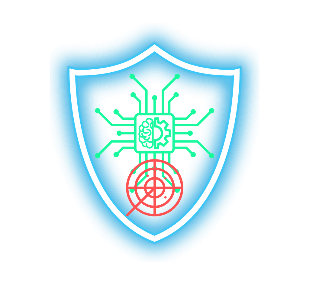 Minimalistisches neon-blaues Wappen mit einem zentralen Mikrochip-Icon, das ein Gehirn und Zahnräder kombiniert. Darunter befindet sich ein rotes Fadenkreuz-Radar. Das Design steht für die technische Präzision und die kognitiven Stärken der IT-Detektive Akademie.