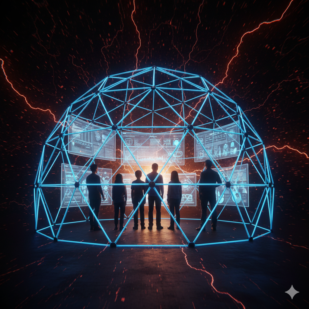 Eine leuchtende, geometrische Glaskuppel, die eine geordnete Struktur sch&uuml;tzt und als Symbol f&uuml;r sichere Lernplattformen und die Basis f&uuml;r digitale M&uuml;ndigkeit dient.