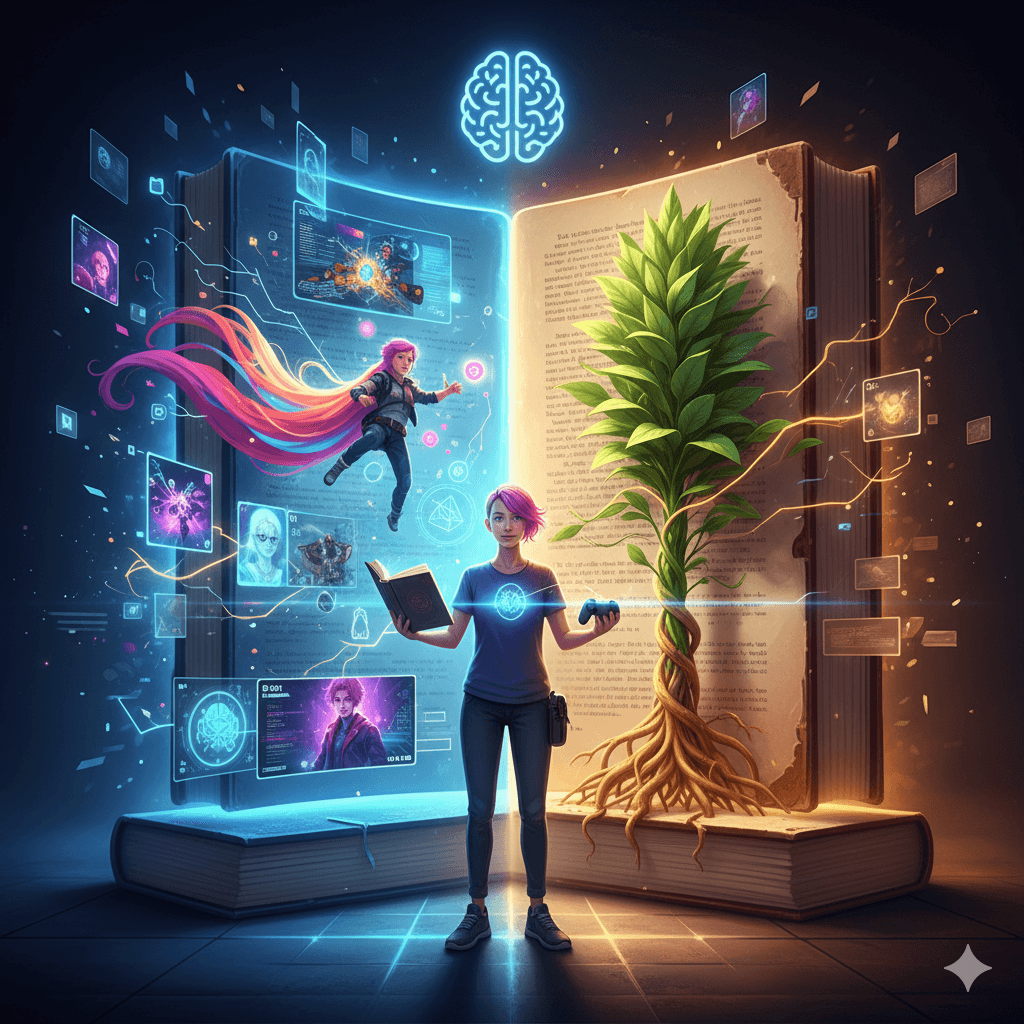 Illustration einer Person zwischen digitaler Welt und analogem Buch, die durch die Verbindung von Wissen und Medienkompetenz volle Selbstwirksamkeit im Gaming erlangt.