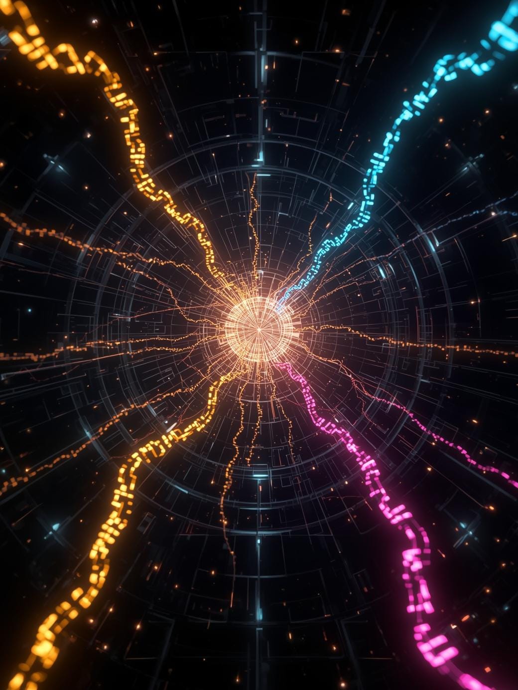 Ineinanderfließende, farbige Lichtströme, die die Verbindung verschiedener Kompetenzen zu einem stabilen Netz für gemeinschaftliche digitale Mündigkeit zeigen.