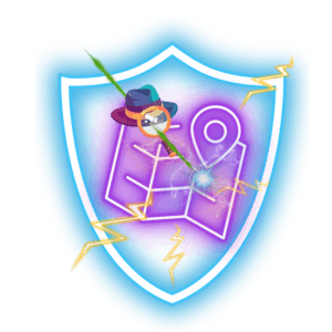 Logo der IT-Detektive Akademie: Ein leuchtend blauer Neon-Schutzschild umschließt eine stilisierte, lilafarbene Schatzkarte mit einem Standort-Pin. Über der Karte schwebt ein Detektivhut mit Lupe, während goldene Blitze Dynamik verleihen. Darunter steht in Cyan der Schriftzug ‚IT-DETEKTIVE AKADEMIE‘ und der Slogan ‚Spielerisch. Inklusiv. Sicher.‘ in warmem Gelb.