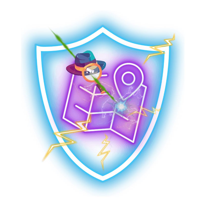 Logo der IT-Detektive Akademie: Ein leuchtend blauer Neon-Schutzschild umschließt eine stilisierte, lilafarbene Schatzkarte mit einem Standort-Pin. Über der Karte schwebt ein Detektivhut mit Lupe, während goldene Blitze Dynamik verleihen. Darunter steht in Cyan der Schriftzug ‚IT-DETEKTIVE AKADEMIE‘ und der Slogan ‚Spielerisch. Inklusiv. Sicher.‘ in warmem Gelb.
