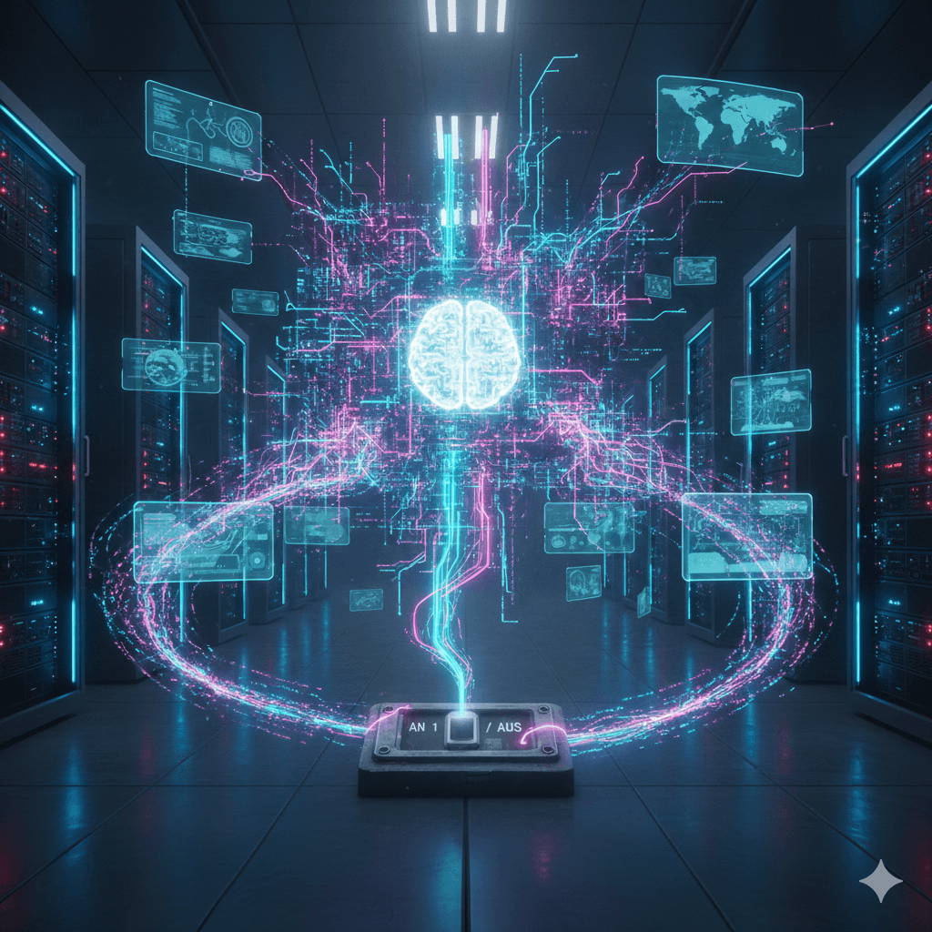 Eine futuristische Serverraum-Umgebung, in deren Zentrum ein leuchtendes, abstraktes Gehirn aus digitalen Datenlinien schwebt. Das Gehirn ist über einen vertikalen Lichtstrahl mit einem schlichten, am Boden liegenden An/Aus-Schalter verbunden. Um das Gehirn herum schweben transparente Displays mit Weltkarten und komplexen Datenanalysen in Cyan und Magenta. Die Szene symbolisiert den Kontrast zwischen komplexer Vernetzung und einfacher binärer Logik. ADHS und IT-Sicherheit