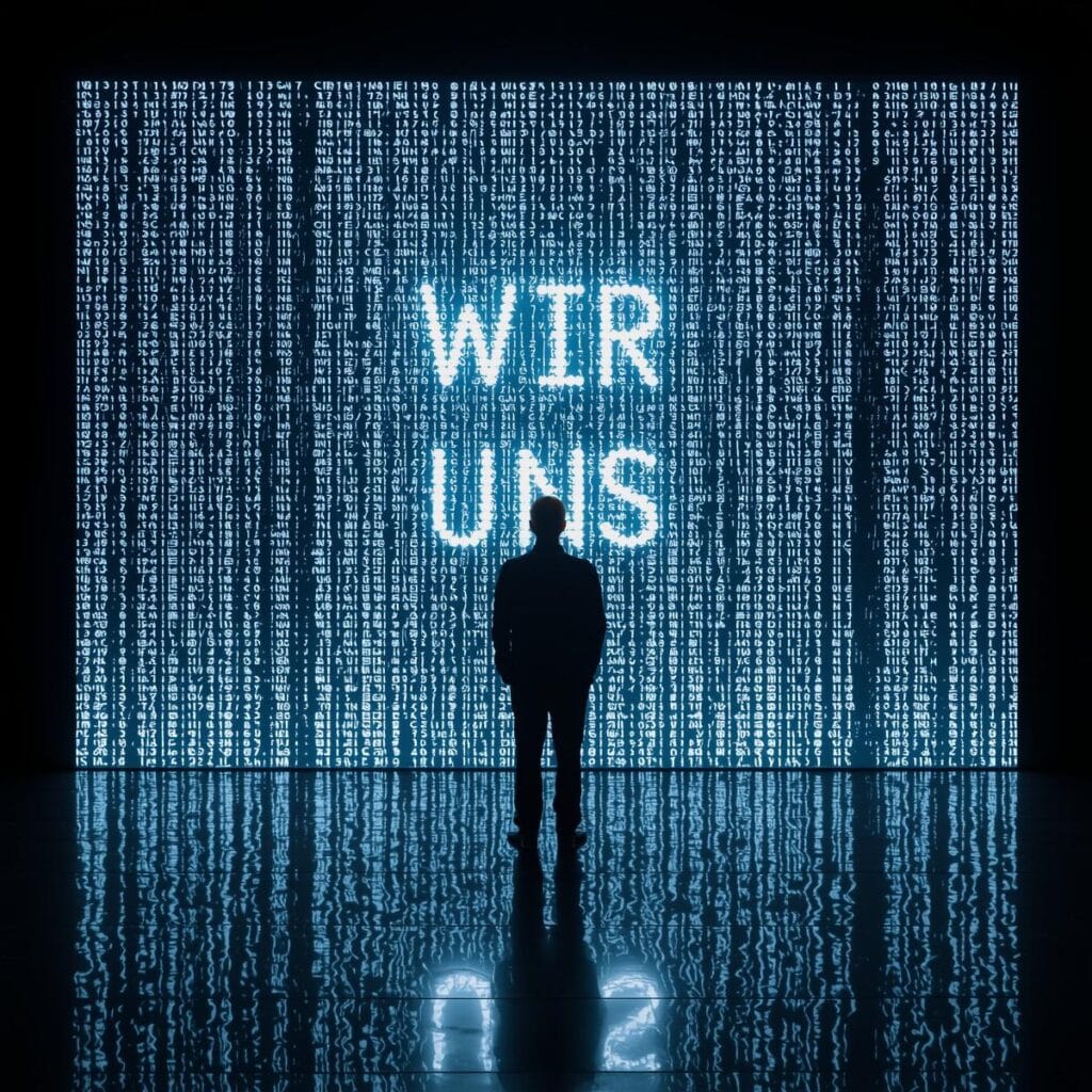 Online und Offline Sicherheit Silhouette eines Menschen vor einer digitalen Matrix-Wand mit den leuchtenden Worten WIR und UNS, Symbol für die Desozialisierung durch KI und fehlende echte Spiegelung.