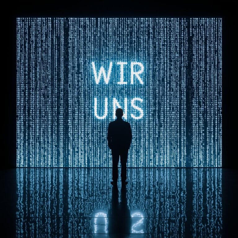 Silhouette eines Menschen vor einer digitalen Matrix-Wand mit den leuchtenden Worten WIR und UNS, Symbol für die Desozialisierung durch KI und fehlende echte Spiegelung.