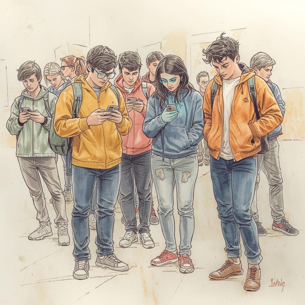 Gruppe von Jugendlichen in einer Schule, die alle isoliert auf ihre Smartphones starren, als Sinnbild für Cyber-Mobbing und den Verlust analoger Kommunikation.