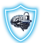 ein helllblaues leuchtendes w
appen, in der mitte bfindet sich ein silbernes Gehirn mit ein schloss dadrauf. IT-Sicherheit anders lernen