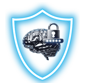 ein helllblaues leuchtendes wappen, in der mitte bfindet sich ein silbernes Gehirn mit ein schloss dadrauf