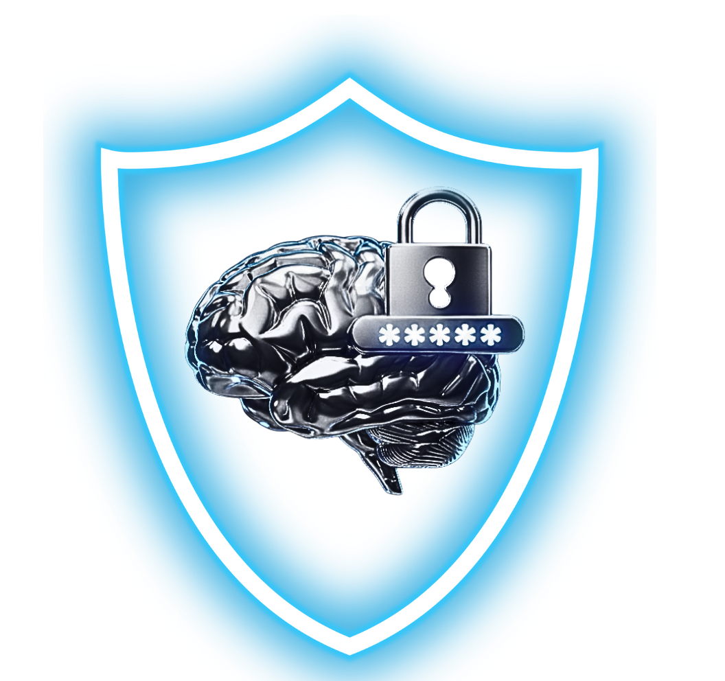 ein helllblaues leuchtendes wappen, in der mitte  bfindet sich ein silbernes Gehirn mit ein schloss dadrauf