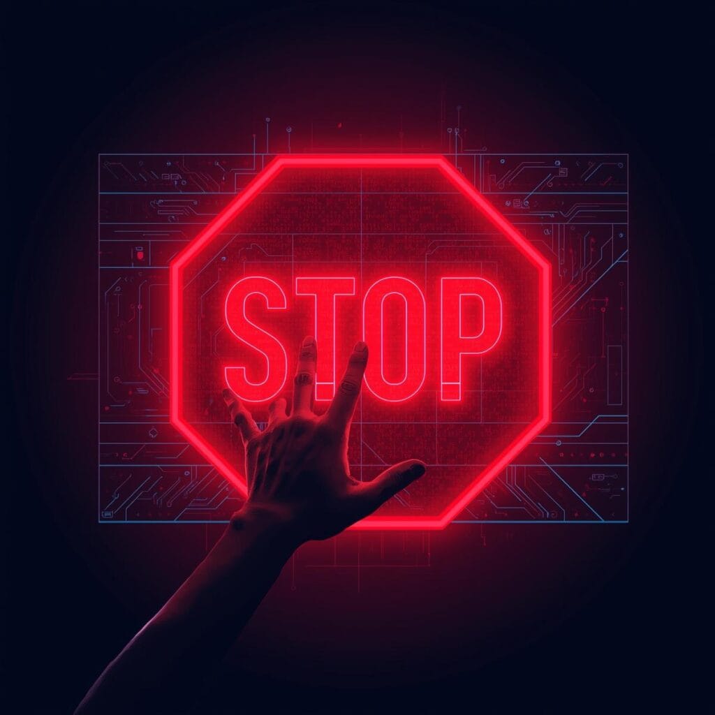 Hand berührt leuchtendes rotes Stoppschild vor digitalem Schaltkreis-Hintergrund — Stopp-Moment als Schutzreflex gegen Phishing Psychologie und Cyberangriffe