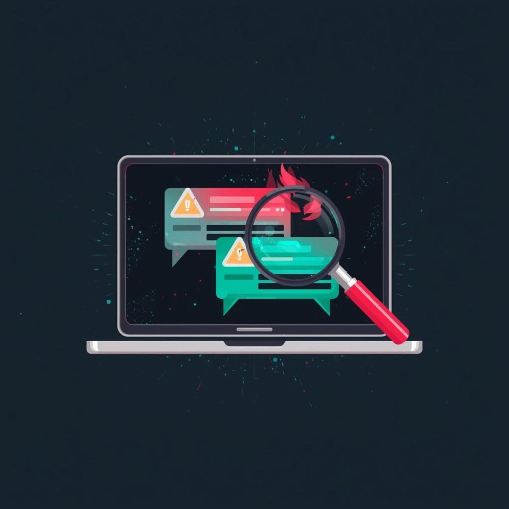 Laptop-Bildschirm mit verdächtigen Warn-Nachrichten und einer Lupe die Phishing-Mails analysiert — Phishing erkennen, Social Engineering und digitale Bedrohungen im Posteingang