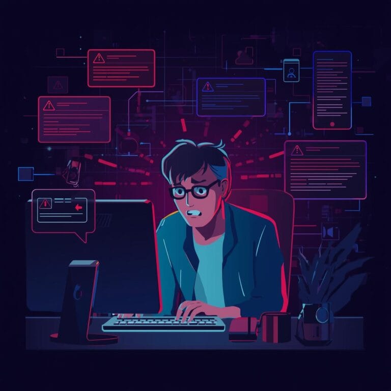 Person am Computer umgeben von digitalen Datenströmen und Code-Fragmenten — symbolisiert digitale Selbstverteidigung im Alltag. Phising Psychologie